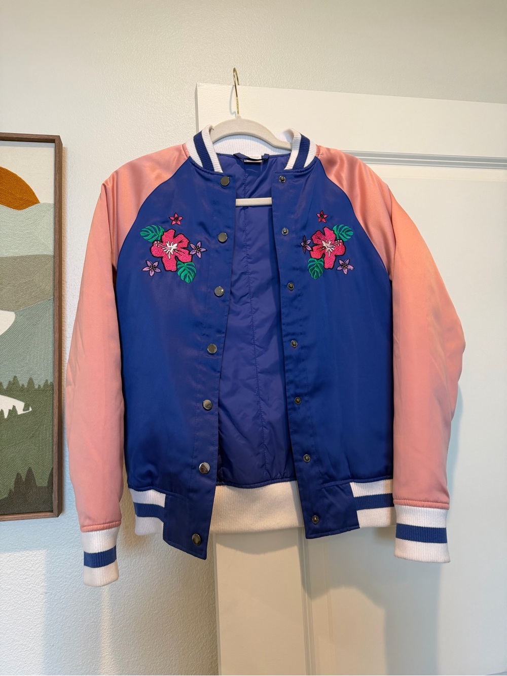 Disney Satin Varsity Jacket in Blue & Pink with Floral Embroidery stitch 626